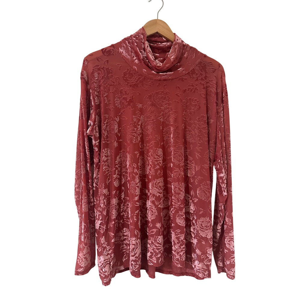 PIPHANY 2X Burnout Velvet Rose Floral Mock Neck Long Sleeve Top Terracotta Pink